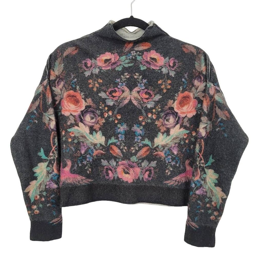 Anthropologie Pilcro The Alani Cashmere Sweater Sz S Floral Bird Cropped Mocknec